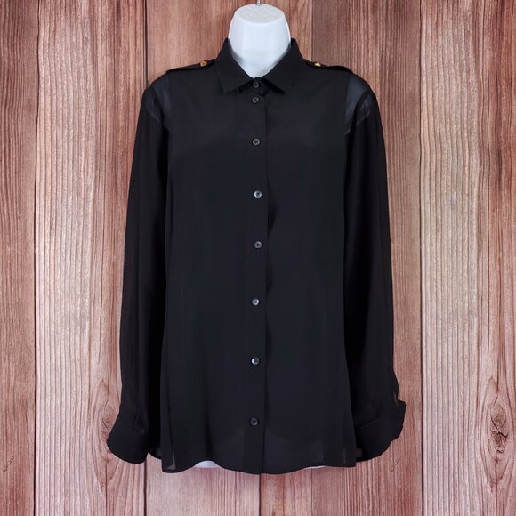 *READ* Gucci Black Sheer Blouse Shirt Studded Epaulets Long Sleeve Button Up - Picture 3 of 16
